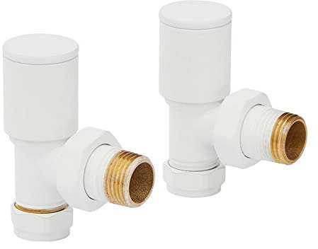 UKDD® Towel Rails Valve Radiators Suitable for Installation of Your Heated Designer Minimalist Central Heating System (Towel Rail Angled White Valves (Pair))