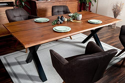 SAM Baumkantentisch 180 x 90 cm Polly, Epoxidharz-Adern in Schwarz, Akazienholz massiv + nussbaumfarben, Esstisch mit X-Eisengestell Schwarz, Tischplatte 26 mm, Esszimmertisch mit echter Baumkante
