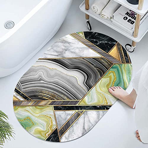 Super saugfähige Kieselgur Badematte aus Stein, Textur von Marmor-Achat und Gold-Marmor, schnell trocknende Badezimmerteppiche, einfache Küchen-Fußmatte (oval, 50x80 cm)