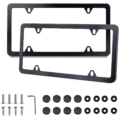 Lrokimg Schwarze Kennzeichenrahmen, 2 Stück, Nummernschildhalter, Edelstahl, Universal US-Kennzeichenabdeckungen mit Schrauben, Unterlegscheiben, Kappen (4 Löcher)