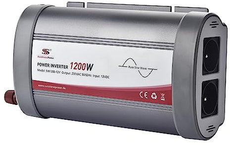 Sunstone Power Reiner Sinus Wechselrichter 1200W 12V auf 230V Spannungswandler, Wirkungsgrad 93%, mit LCD, 2 EU-Steckdosen, 2 USB-Anschlüsse, 1 Typ-C-Anschluss (schnelles Laden)