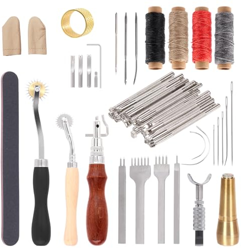 Glarks Kit de herramientas y suministros de trabajo de cuero, kit de herramientas de mano de cuero que incluye herramientas de cuero, tenedor de uñas, hilos encerados, herramientas de impresión, rueda