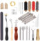 Glarks Kit de herramientas y suministros de trabajo de cuero, kit de herramientas de mano de cuero que incluye herramientas de cuero, tenedor de uñas, hilos encerados, herramientas de impresión, rueda