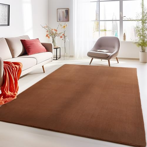 Carpetsale24 Wohnzimmer Teppich Einfarbig Moderne Design Braun 140 x 200 cm - Rutschfest Kurzflor für Schlafzimmer Extra Weich und Flauschig - Waschbar für Esszimmer Küche