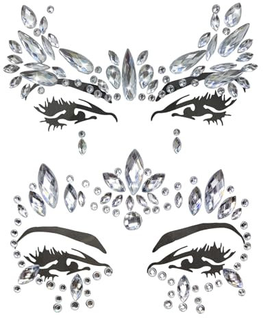 2pcs Edelsteine Temporäre Tattoos Glitzer Schmucksteine Strass Gesicht Juwelen Kristalle Strasssteine für Musikkarneval, Party, Make-up(silbrig)