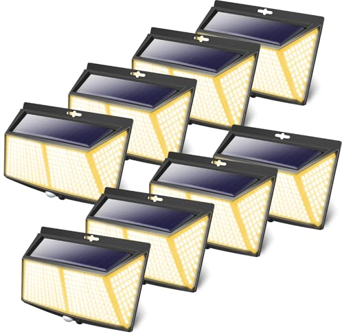 LOTMOS [Lot de 8 308LED Lampe Solaire Exterieur, Lumiere Solaire Exterieur avec Detecteur de Mouvement 3 Modes Eclairage Exterieur Solaire Spot Projecteur Sans Fil pour Jardin Garage, Blanc Chaud