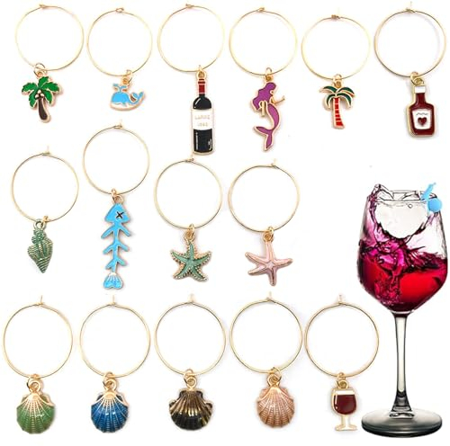 Glasmarkierung Anhänger - Weinglas Charms 15 Stück - Glas Identifikations Ringe für Wein & Champagner Verkostung, Bar & Party Dekoration