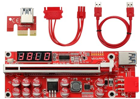 YBBOTT Tarjeta Riser Pcie Adaptador de 1X a 16X VER013 Pro con Indicador de Control de Temperatura y LED 10 Condensadores de Estado Sólido Ethernet Mining GPU (1 Pack)