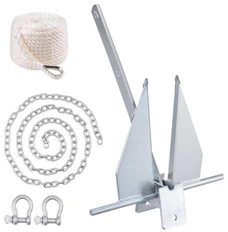 VEVOR Fluke Style Anchor Kit, 13 LBS Hot-Dipped Galvanized Steel Fluke Anchor with 7.9' Chain, 101' Rope and Two 0.4 Shackles, Marine Boat Anchor for Small Vessels Under 30', Seas, Rivers and Shores