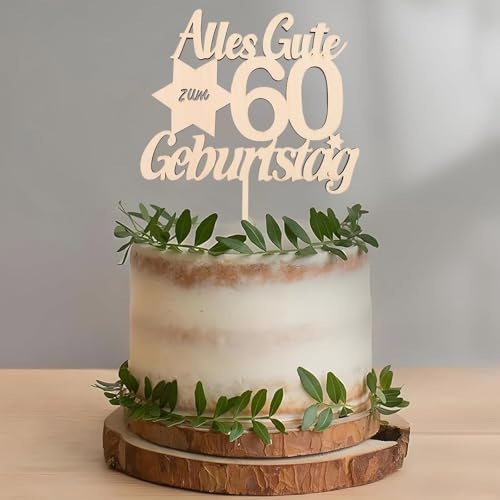 DazzJoy Holz Tortendeko 60. Geburtstag für Mann und Frau - Alles Gute zum 60. Cake Topper - Kuchen Deko für 60 Jahre Männer und Frauen