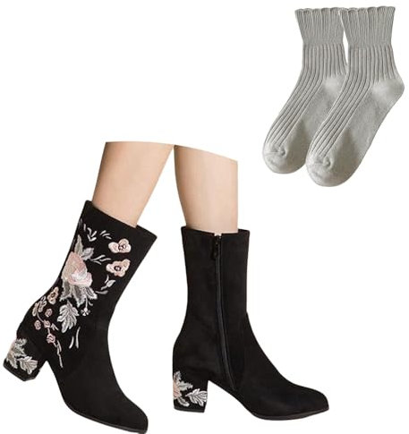 LDXEQIZ Stivaletti Eleganti Stivali Corti da Donna in Pelle Scamosciata Booties Vintage con Ricami Floreali Ankle Boots Autunno-Inverno con Zip Laterale 2024 Nuove Scarpe alla Caviglia(39 EU)