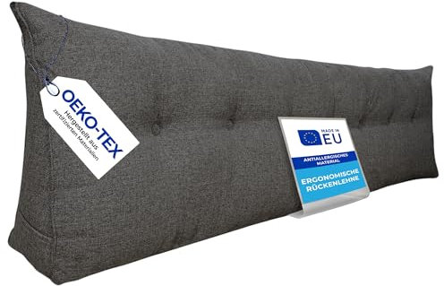Pillows24 - Rückenkissen für Bett & Sofa mit abnehmbarem, waschbarem Bezug [ 200cm - Graphit ] | Bequemes Keilkissen und Lesekissen fürs Bett | Großes Sofakissen für Rückenlehne und Sofa
