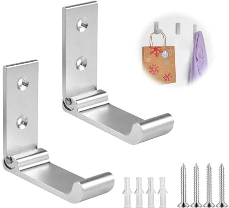 Jormftte 2 Stück Faltbare Wandhaken, Schwerlast Garderobenhaken, Klapphaken mit Schrauben für Küche Bad Wand Jacke Handtuch Schlüssel Taschen Haken (Silber)