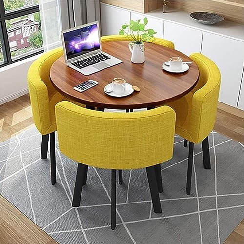 Modernes rundes Esstisch-Set mit 4 Stühlen, kleines Büro, Konferenzraum, Küche, Wohnzimmer, Essgruppe, Gelb, 80 cm