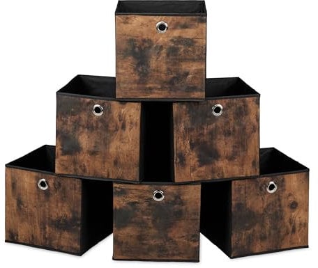 Relaxdays Aufbewahrungsbox, 6er Set, HxBxT: 26x26x26 cm, Stoff, Holzoptik, Griffloch, faltbare Regalboxen, schwarz/braun