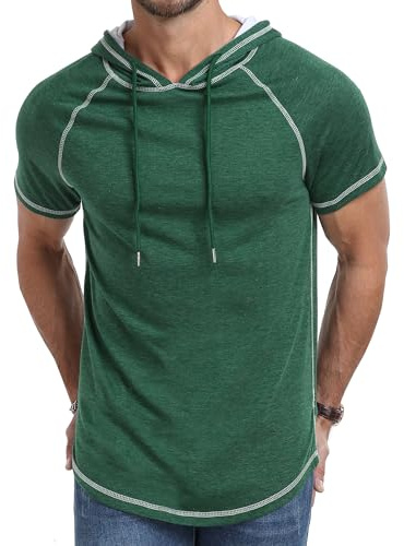 AIYINO Men's Short Sleeve Hoodie Workout Gym Sweatshirt Muscle Fit Fashion Athletic Hoodies Pullover Cotton Hooded T-Shirts M Green