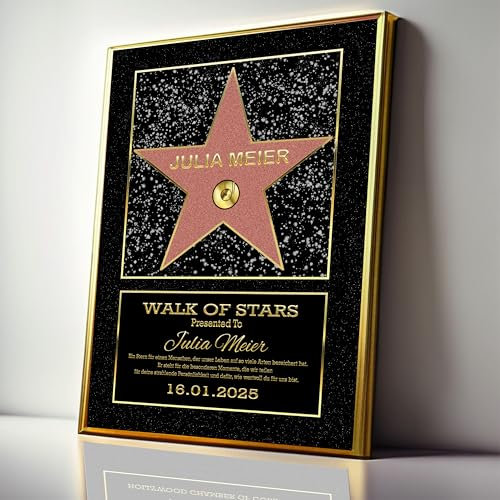 DUOMIO !!NEU!! HOLLYWOOD Walk of Fame Stern, personalisierte Urkunde optional mit Rahmen | 3 Größen, Design, Thema, Text, Hintergrundfarbe frei-wählbar| High-Quality Druck| Geschenke Mann/Frau