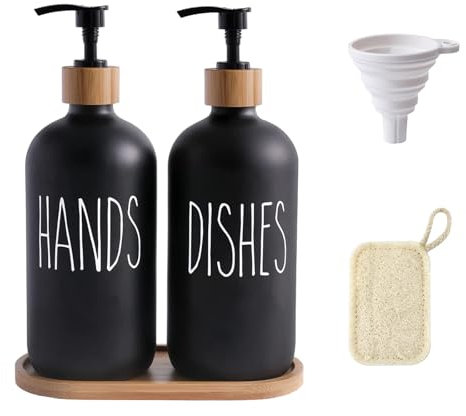 Glass Soap Dispenser Set for Hand and Dish Soap 2-Pack 500ml Refillable Pump Bottles hand wash dispenser with Wooden Tray Includes Silicone Funnel & Dish Loofah Kitchen Bathroom Countertop Essentials
