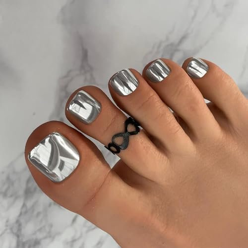 KQueenest Chrome Black Toe Nails False Short Square, Metallic Fake Toe Nails, Sparkle Bling Acrylic Press on Toes Nail, Glazed Glitter Toe Press on Nail for Women Summer Beach Daily Wear in 24 Pcs