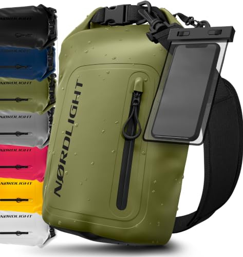 Nordlight Dry Bag wasserdichte Tasche mit Handyhülle + Roll-Top, Schultergurt | Drybag wasserfester Rucksack Beutel Packsack Seesack Wassersack Wetbag | Baden Schwimmen Strand SUP – Olivgrün, 10 Liter