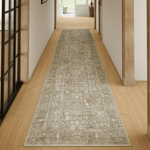HUGEAR Braun Vintage Teppich Läufer Flur 60x240cm Waschbar | Waschbarer Teppich, Rutschfest Weich, Kurzflor Retro, für Vorzimmer, Schlafzimmer Küche, Brücken Hallway, Carpet
