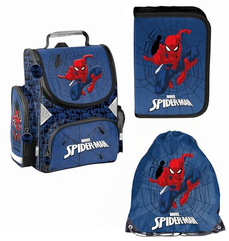 PASO- Schulranzen für Jungen, 3er-Set - Schul-Rucksack für Kinder mit Federmäppchen - Schuhbeutel - Spiderman Motiv- 1-3 Klasse