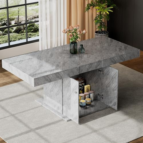 Merax ausziehbarer Esstisch 140/180x80 cm in Betonoptik, rechteckig mit Stauraum, automatischer Teleskoptisch, platzsparender Kaffeetisch, multifunktional für 4–6 Personen, Grau