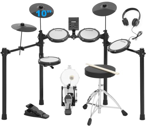 RVONE Electric Drum Set with Kick Hammer Pedal, Electronic Drum Kit for Kids Adult Beginner with 150 Sounds, 10 Cymbals, 4 Quiet Mesh Pads, all-in-one drum set with Throne, Headphones, Sticks