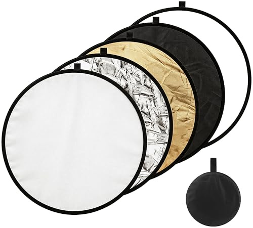 5-in-1 Photography Reflector 24(60cm), Multi-Disc Collapsible Light Reflector with Bag - Super Portable for Studio/Macro Photography - Translucent, Silver, Gold, White and Black