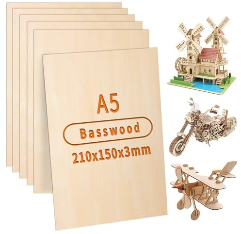 ddckj Sperrholzplatte 3mm A5 Lindenholz 21 x 15 cm 6Stück Laser Holz für DIY Brandmalerei Malen Laserbearbeitung Bastelarbeiten Modellbau Leeres Sperrholzplatten