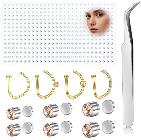 AVYRING Fake Nose Ring & Strasssteine Selbstklebend, 18G Edelstahl Magnet Stecker Ohrringe, Clip-On Nasenschmuck für Damen & Herren (Gold/Silber)