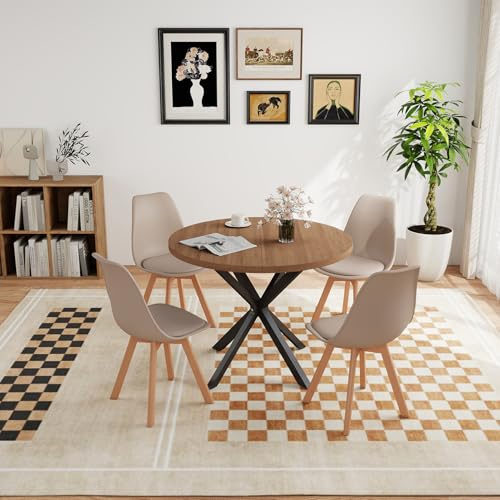 GrandCA HOME Esstisch mit 4 Stühlen, Esszimmer-Set, 100 * 100 * 75 cm, Runder Esstisch aus Holz, 4 Stühle mit Hoher Rückenlehne, Beine aus Holzbuche, (Dunkelbraun +Khaki)