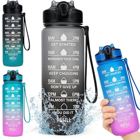 Austika Trends 1L Water Bottle with Straw, BPA-Free Leakproof Sports Drink Bottle with Time Markings, Plastic Reusable Water Bottle for Gym, Cycling, Office & Outdoor(Black/Grey)