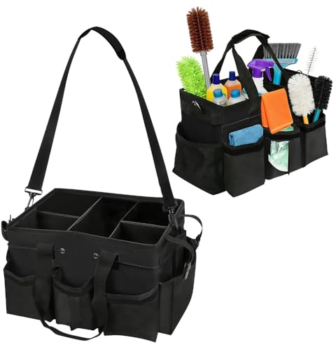 Nzkeuf Cleaning Caddy Bag, Large Cleaning Tote Bag Multi-Compartment with Detachable Divider, Wearable/Carry-On Cleaning Organiser for Housekeepers, Janitors, and Commercial Cleaning (Black)