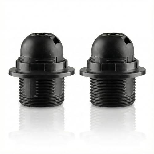 Hopzab 2 PCS E27 Edison Screw Lamp Holder, Black PET Pendant Socket with Shade Ring, Bulb Holder for Ceiling & Table Lamps, DIY Lighting Projects