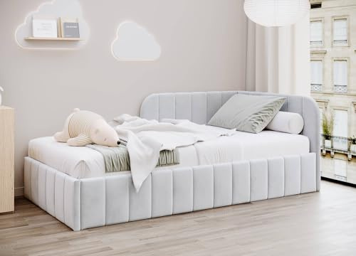 MOEBELPAKET.de Bett Mario 100x200 cm, Polsterbett mit Metallrahmen, Jugendbett mit Bettkasten und Oeko-Tex, Eleganter Riviera-Stoff, Grau, Rechts