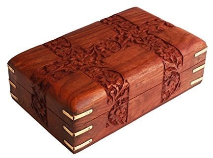 Store Indya - Handmade Wooden Jewellery Box Keepsake Storage Organizer Multipurpose Treasure Chest Trinket Holder for Women Men Girls Hand Carvings Designs (Design 5)