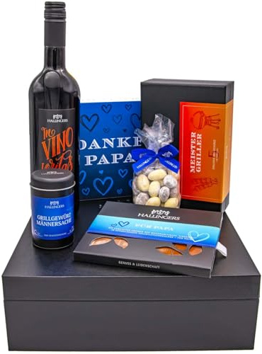 Hallingers Genuss Manufaktur Feinkost Vatertagsgeschenk-Set - XXL-Geschenkkorb Vatertag blue großes Mitbringsel Schokolade, Pralinen, Wein, Gewürze & Nougatmandeln, Geschenkidee für Papa Opa