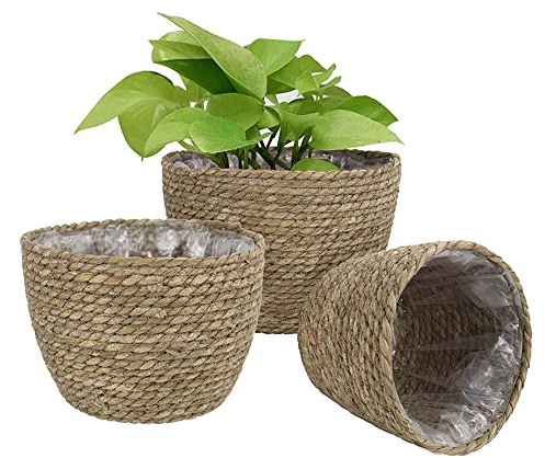 Seegras-Korb, 1PCS Handgewebter Blumenkorb Übertopf Pflanzkübel Pflanztopf Rund Blumentopf Pflanze Blumen Aufbewahrungskorb Kräutertopf Blumenübertopf Deko geflochten (Brown-M)