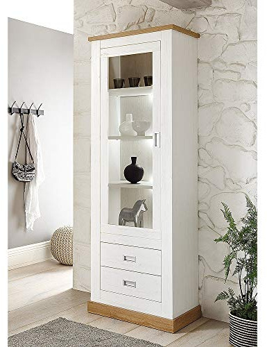 Lomadox Vitrine in Pinie Weiß mit Absetzungen in Wotan Eiche, inkl. LED-Beleuchtung - B/H/T: 73/204/40 cm
