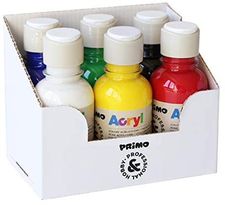 PRIMO Hobby & Professional - Acrylfarben Set Acrylfarben Malerei, 6 Farbenx 125 ml, ab 14 Jahren Permanente, Matte und Abdeckende Textilfarben, Acryllack Schreibwaren, Kreative Arbeiten, Hobby-Malerei