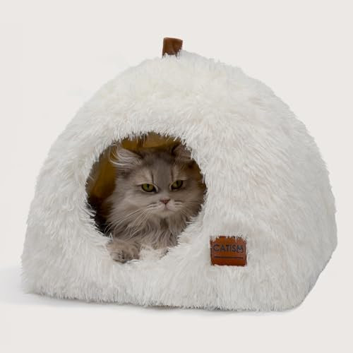 CATISM Cat Bed, Cat Igloo Cave Pet Bed for Dogs Large Indoor Tent Cave Nesting Bed Anti-slip 2-in-1 Triangle Cave House Nest House with Handle Washable Removable Pillow Cushion (White)