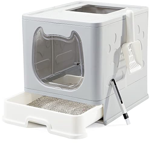 Vealind Caja de Arena para Gatos Plegable con Tapa Bandeja, Caja de Arena para Gatos de Entrada Superior con Tapa, Bandeja de Arena Incluye Cuchara y 2-1 Cepillo de Limpieza (Gris)