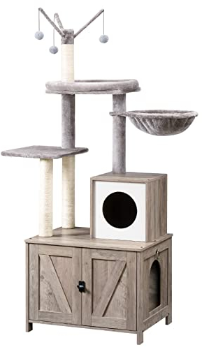 HOOBRO Árbol Trepador para Gatos con Cajón de Arena, Mueble con Cajón de Arena Oculto, Casa para Gatos con Poste Rascador, Mordedor Desmontable con Borlas, Gris EBG15MZ03