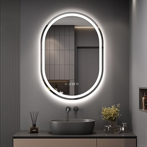 Dripex Badspiegel mit Beleuchtung Led Spiegel mit Uhr und Touch-Schalter, Dimmbar, 3 Lichtfarbe Einstellbare Badezimmerspiegel mit Beleuchtung, Beschlagfrei Oval 50x70 cm