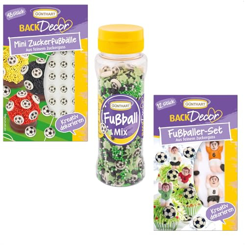Günthart BackDecor Fußball Set 48 Mini Fußbälle, Zucker Fußballer und Fußball Streusel Mix aus Zucker aus 3 essbare Zucke Dekoration