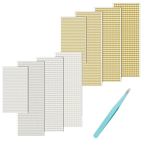5600 Selbstklebende Halbperlen - 8 Blatt 3/4/5/6mm Perlen Mit Pinzette für Schmuckherstellung Basteln DIY Handy - Cremefarbene und Gold