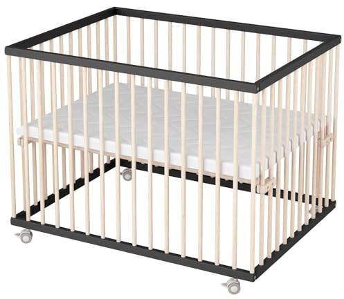 Sämann Laufstall Baby 75x100 cm mit Matratze | TÜV geprüft 2024 | stufenlos höhenverstellbar | Laufgitter Premium | Babybett aus Holz | Krabbelgitter schwarz/natur