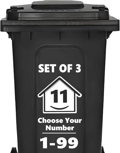 Rubigo 3 x Bin Numbers for Wheelie Bins, 1-99, 15cm ‘Happy House’ Design Dustbin Stickers, Easy Application Stick On Number Stickers - Weatherproof Self Adhesive Vinyl, Black (11)