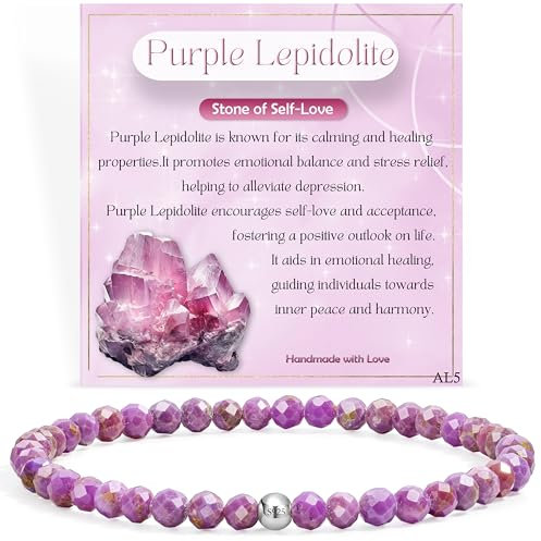 Lila Lepidolith - Selbstliebe - Edelstein Perlen Armband für Frauen, 4mm Kristall Silber 925 Naturstein Schmuck Elastisch Armbänder Damen, Chakra Spirituelle Charms Armbänder Geschenke